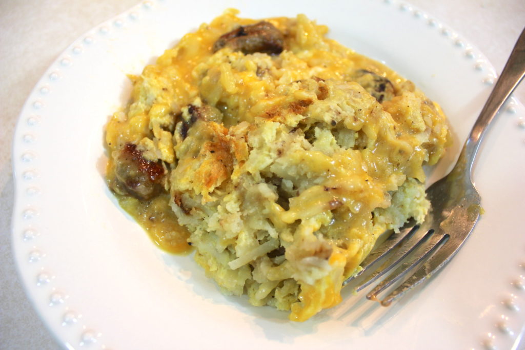 Breakfast casserole with hash browns, eggs and sausage