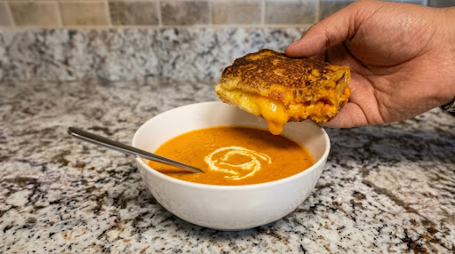 A hand dipping a toasted sourdough grilled cheese sandwich with melted cheddar into a white bowl of creamy roasted tomato soup.